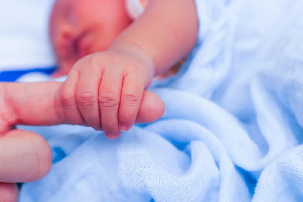 Newborn baby holding a parent’s finger, symbolizing establishing paternity in Idaho.