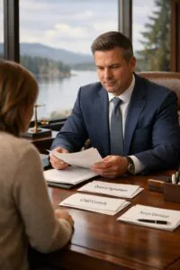 Divorce lawyer reviewing documents with a client during a consultation, with paperwork labeled child custody, divorce agreement, and asset division on the desk.