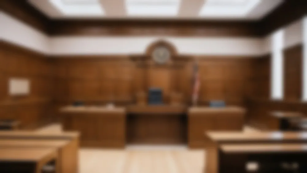 Intentionally out-of-focus image of an empty courtroom awaiting trial