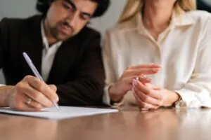 Unhappy married man and woman filing divorce.