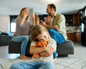 Family, divorce and husband in argument with wife and unhappy child in depression