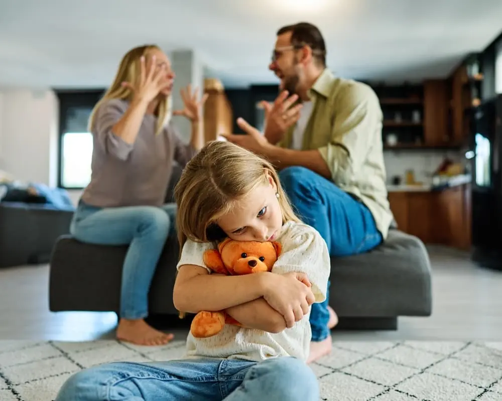 Family, divorce and husband in argument with wife and unhappy child in depression