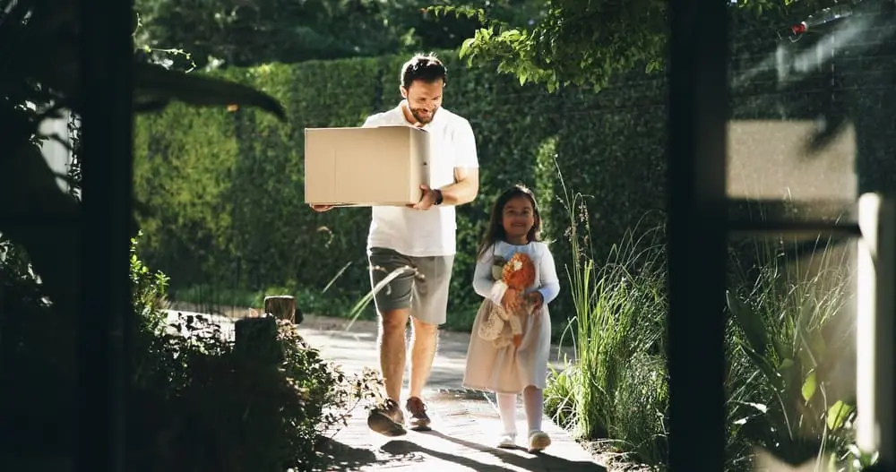 Box, moving in or walking with dad and daughter at new home at other state