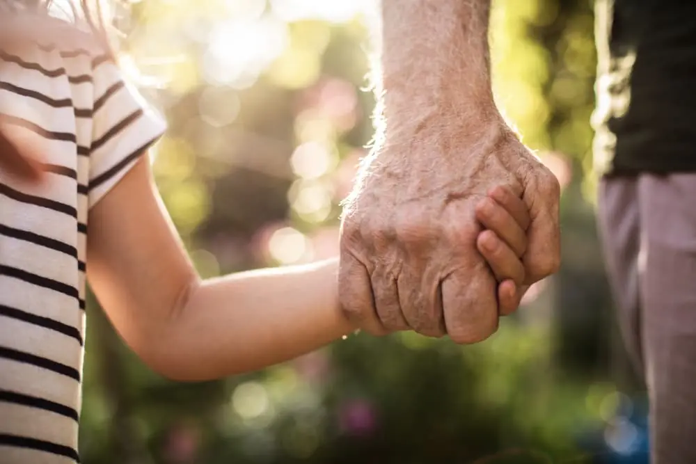 Child hand holding his elderly grandfather