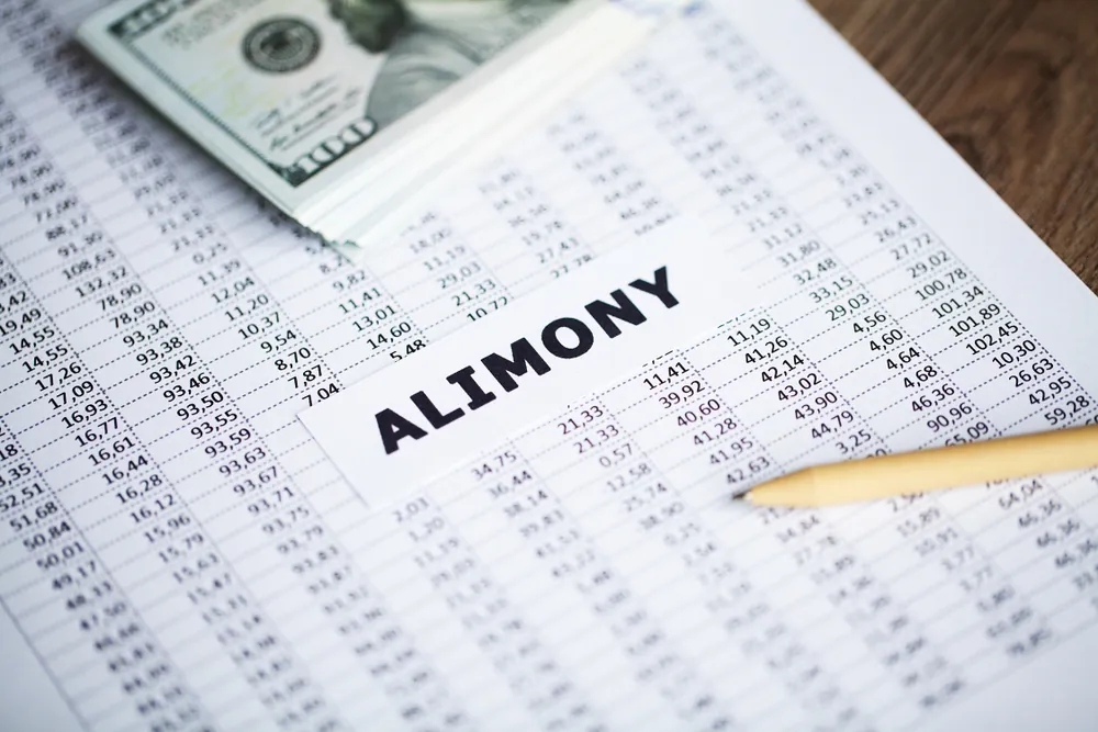Financial documents and a stack of money next to a sheet labeled alimony.