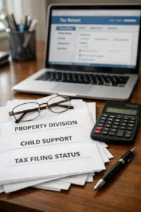 Divorce and tax paperwork showing property division and tax filing documents
