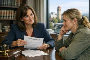 Family law attorney reviewing a parenting plan document with a client during a consultation in an office.