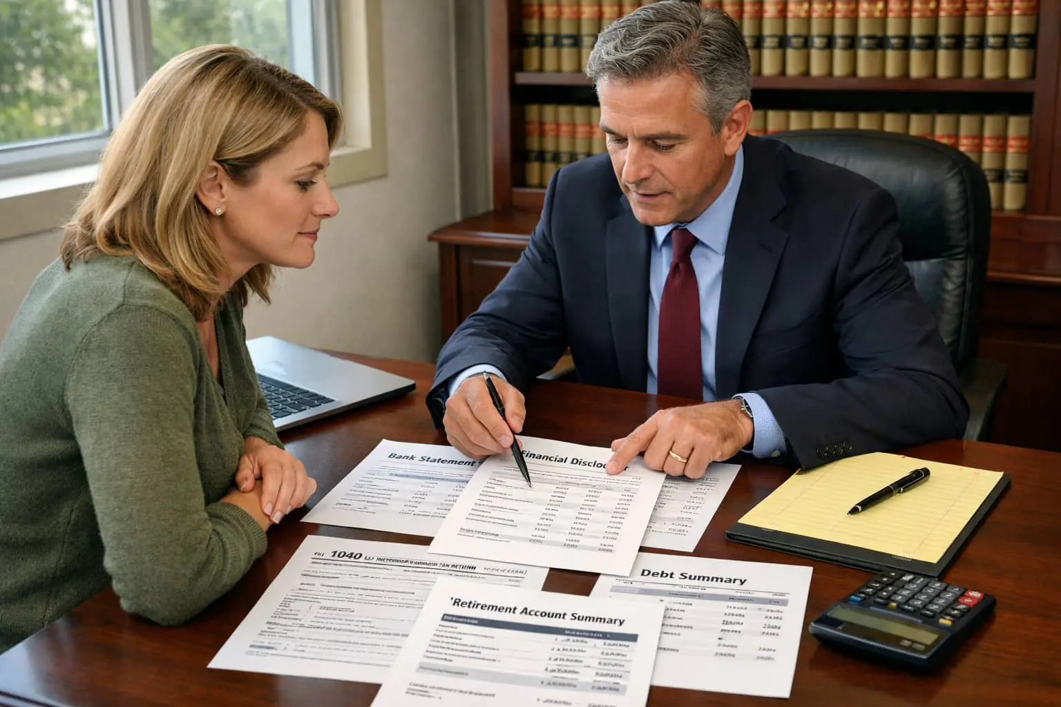 Divorce lawyer reviewing financial disclosure documents with client preparing for divorce in Idaho.