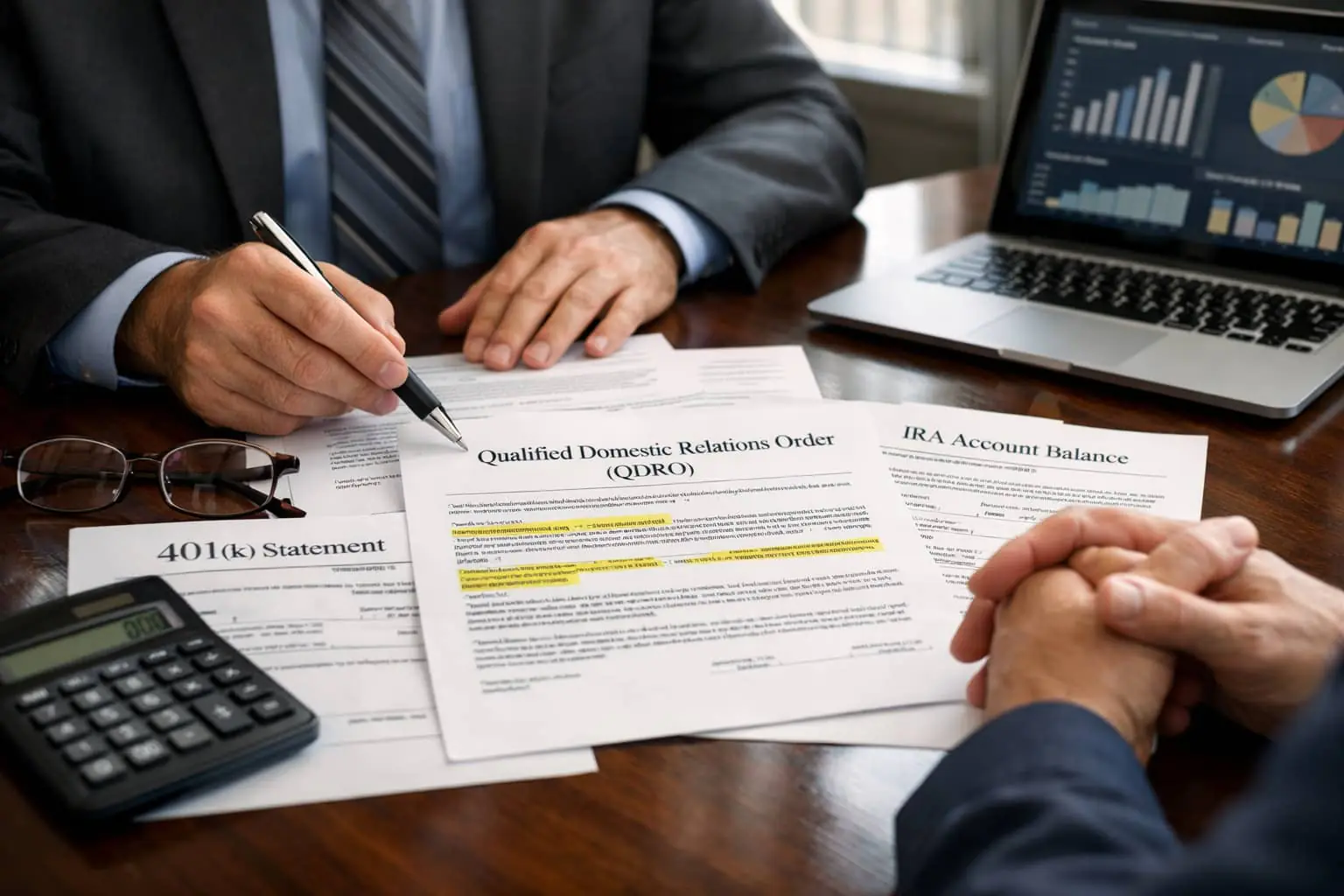 Divorce attorney explaining QDRO paperwork and retirement account division with 401(k), IRA, and pension documents during an Idaho divorce consultation.